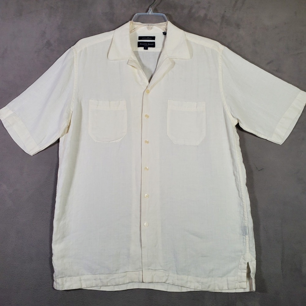 Austin Reed London Camp Shirt Mens L White Linen Button Short Sleeve Beach Aloha